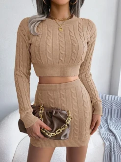 Women's Two Piece Dress Set Casual Dress Sweater Dress Daily Holiday Fashion Streetwear Ribbed Mini Dress Crew Neck Long Sleeve Plain Slim White Pink Khaki Fall Winter S M L -Party Prom Dresses Sales Store kyinew1695030771018