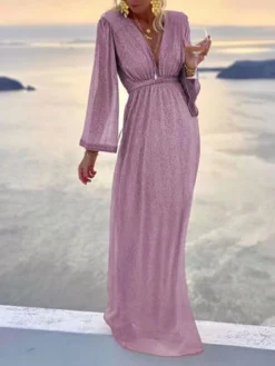 Women's Party Dress Sequin Dress Holiday Dress Long Dress Maxi Dress Beige Long Sleeve Pure Color Shimmer Spring Fall Winter V Neck Fashion Party Winter Dress Birthday Slim 2023 S M L XL 2XL 3XL -Party Prom Dresses Sales Store kypgii1685008313205