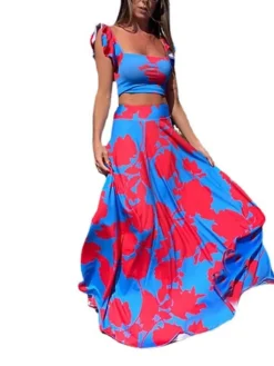 Women's Dress Set Two Piece Dress Skirt Set Long Dress Maxi Dress Yellow Fuchsia Sleeveless Floral Backless Summer Spring V Neck Vacation Slim 2023 S M L XL XXL -Party Prom Dresses Sales Store kyptch1645527799414