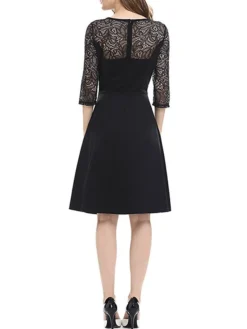 Women's Party Dress Lace Dress Swing Dress Mini Dress Black Wine Blue 3/4 Length Sleeve Pure Color Lace Spring Fall Winter Crew Neck Fashion Party Spring Dress 2023 S M L XL XXL 3XL 4XL -Party Prom Dresses Sales Store kyriaf1671604316755