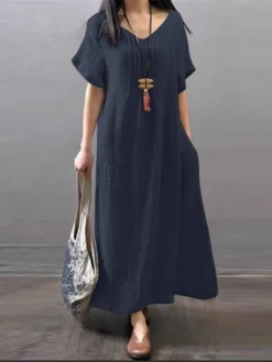 Women's Casual Dress Cotton Linen Dress A Line Dress Maxi Long Dress Cotton And Linen Basic Casual Outdoor Daily V Neck Pocket Short Sleeve Summer Spring 2023 Loose Fit ArmyGreen Navy Blue Orange -Party Prom Dresses Sales Store kyzfka1680774896959