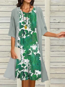 Women's Two Piece Dress Set Casual Dress Print Dress Outdoor Daily Fashion Elegant Print Midi Dress Crew Neck 3/4 Length Sleeve Floral Regular Fit Wine Navy Blue Blue Summer Spring S M L XL XXL