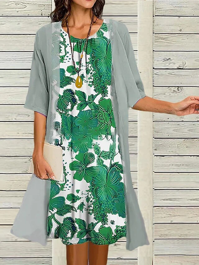 Women's Two Piece Dress Set Casual Dress Print Dress Outdoor Daily Fashion Elegant Print Midi Dress Crew Neck 3/4 Length Sleeve Floral Regular Fit Wine Navy Blue Blue Summer Spring S M L XL XXL 1 Women's Two Piece Dress Set Casual Dress Print Dress Outdoor Daily Fashion Elegant Print Midi Dress Crew Neck 3/4 Length Sleeve Floral Regular Fit Wine Navy Blue Blue Summer Spring S M L XL XXL