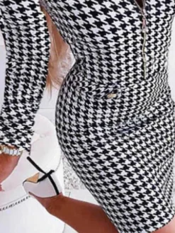 Women‘s Casual Dress Jacket Dress Sheath Dress Mini Dress Black Long Sleeve Houndstooth Zipper Spring Fall Autumn V Neck Fashion Winter Dress Fall Dress Slim 2023 S M L XL -Party Prom Dresses Sales Store kzqsfn1647440820887