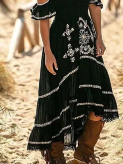 Women's Prom Dress Party Dress Lace Dress Long Dress Maxi Dress Black Short Sleeve Flower Lace Summer Spring Off Shoulder Fashion Evening Party Wedding Guest Vacation Loose Fit 2023 S M L XL XXL 3XL -Party Prom Dresses Sales Store kzropj1689736602800