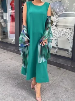 Women's Two Piece Dress Set Casual Dress Print Dress Outdoor Date Fashion Elegant Print Long Dress Maxi Dress Crew Neck 3/4 Length Sleeve Ombre Loose Fit Green Fall Winter S M L XL XXL -Party Prom Dresses Sales Store kzvggm1694501517411