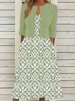 Women's Two Piece Dress Set Casual Dress Print Dress Outdoor Daily Fashion Elegant Pocket Print Midi Dress V Neck Half Sleeve Geometric Regular Fit Blue Green Summer Spring S M L XL XXL -Party Prom Dresses Sales Store laqmly1680780641756