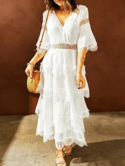 Women's Party Dress Lace Dress White Dress Midi Dress Black Pink White Half Sleeve Pure Color Lace Spring Summer V Neck S M L XL XXL -Party Prom Dresses Sales Store latryy1675761805931