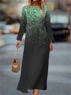 Women's Work Dress Casual Dress Semi Formal Dress Fashion Winter Dress Daily Midi Dress Print Crew Neck Long Sleeve Ombre Slim Yellow Blue Purple Fall Winter S M L XL XXL -Party Prom Dresses Sales Store lbaysv1694490795459