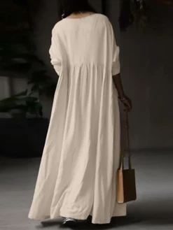 Women's Cotton Linen Dress Casual Dress Maxi Long Dress Linen Boho Casual Winter Dress Daily Holiday Crew Neck Patchwork Long Sleeve Summer Spring Fall Linen Loose Fit Black White Khaki Pure Color S -Party Prom Dresses Sales Store lbcszc1651125384966