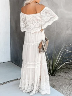 Women's Long Dress Maxi Dress Party Dress Lace Dress Swing Dress Floral Fashion Elegant Dress Daily Vacation Going Out Lace Mesh Half Sleeve Off Shoulder Dress Slim White Summer Spring S M L XL -Party Prom Dresses Sales Store lbylbq1672990407269