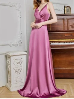 Women's Prom Dress Party Dress Satin Dress Long Dress Maxi Dress Champagne Pink Red Sleeveless Pure Color Backless Spring Fall Winter Spaghetti Strap Fashion Winter Dress Evening Party Wedding Guest -Party Prom Dresses Sales Store lbzays1692079369943