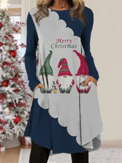 Women's Christmas Work Dress Casual Dress Fashion Winter DressDaily Midi Dress Pocket Print Crew Neck Long Sleeve Santa Claus Snowflake Regular Fit Black Wine Navy Blue Fall Winter S M L XL XXL -Party Prom Dresses Sales Store lcddxv1695780983448