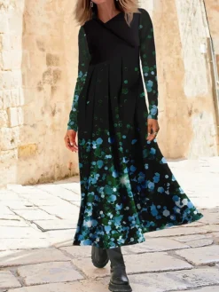 Women's Work Dress Casual Dress Swing Dress Fashion Winter Dress Daily Long Dress Maxi Dress Button Print V Neck Long Sleeve Floral Ombre Regular Fit Blue Gold Green Fall Winter S M L XL XXL -Party Prom Dresses Sales Store lckwkj1695350910108