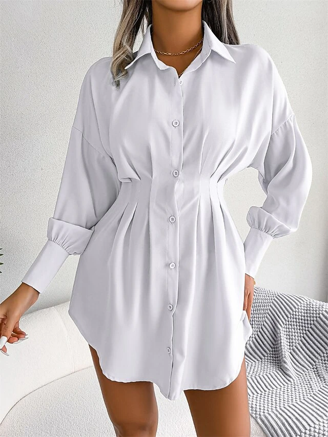 Women's Work Dress White Dress Semi Formal Dress Fashion Office Daily Workfashion Mini Dress Ruched Button Shirt Collar Long Sleeve Plain Loose Fit White Blue Army Green Fall Winter S M L XL 5 Women's Work Dress White Dress Semi Formal Dress Fashion Office Daily Workfashion Mini Dress Ruched Button Shirt Collar Long Sleeve Plain Loose Fit White Blue Army Green Fall Winter S M L XL - Image 5