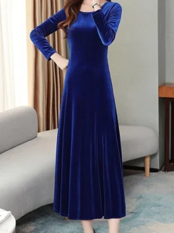 Women's Green Velvet Dress Maxi Long Dress Black Wine Blue Long Sleeve Solid Color Ruched Fall Winter Crew Neck Party Stylish Elegant Party -Party Prom Dresses Sales Store lclwwg1637316073943