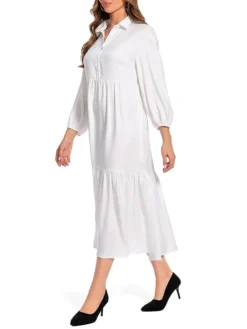 Women's Work Dress Satin Dress Swing Dress Fashion Midi Dress Ruffle Button Shirt Collar Long Sleeve Plain Loose Fit White Fall Winter S M L XL XXL -Party Prom Dresses Sales Store lcorfh1693466155433