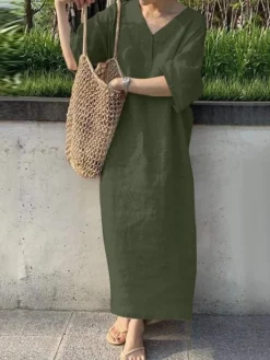 Women's Cotton Linen Dress Casual Dress Shift Dress Maxi Long Dress Cotton Blend Fashion Casual Outdoor Daily V Neck Button Short Sleeve Summer Spring 2023 Loose Fit Navy Blue Orange Green Pure Color -Party Prom Dresses Sales Store ldzwml1678778329411