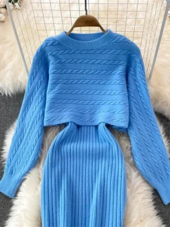 Women's Two Piece Dress Set Casual Dress Sheath Dress Outdoor Daily Fashion Streetwear Ruched Midi Dress Crew Neck Long Sleeve Plain Loose Fit Black White Wine Fall Winter One-Size -Party Prom Dresses Sales Store lebxhq1694057145121