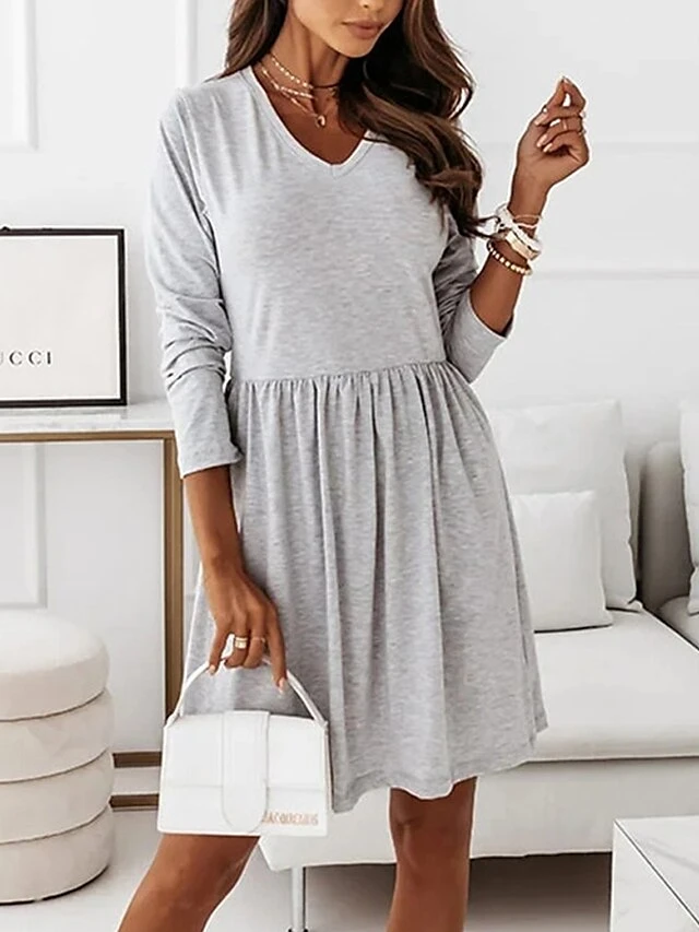 Women's Casual Dress Black Dress A Line Dress Mini Dress Cotton Polyester Fashion Daily Outdoor Daily Vacation Crew Neck Ruched Patchwork Long Sleeve Fall Autumn 2023 Regular Fit Black Khaki Gray 5 Women's Casual Dress Black Dress A Line Dress Mini Dress Cotton Polyester Fashion Daily Outdoor Daily Vacation Crew Neck Ruched Patchwork Long Sleeve Fall Autumn 2023 Regular Fit Black Khaki Gray - Image 5