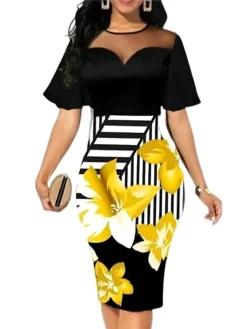 Women's Work Dress Sheath Dress Semi Formal Dress Fashion Midi Dress Lace Mesh Crew Neck Short Sleeve Floral Stripe Slim Yellow Summer Spring S M L XL XXL -Party Prom Dresses Sales Store lffkgp1680088246512