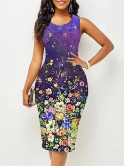 Women's Work Dress Sheath Dress Semi Formal Dress Fashion Midi Dress Print Crew Neck Sleeveless Floral Slim Pink Red Blue Summer Spring S M L XL XXL -Party Prom Dresses Sales Store lfhrdd1677122662510