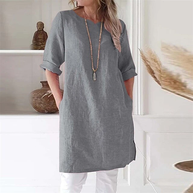 Women's Cotton Linen Dress A Line Dress Mini Dress Cotton Cotton Blend Casual Comfort Home Split Neck Pocket Rolled Cuff Half Sleeve Summer Spring Loose Fit Pink Light Blue Gray Pure Color S M L XL 2 Women's Cotton Linen Dress A Line Dress Mini Dress Cotton Cotton Blend Casual Comfort Home Split Neck Pocket Rolled Cuff Half Sleeve Summer Spring Loose Fit Pink Light Blue Gray Pure Color S M L XL - Image 2