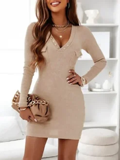 Women‘s Sweater Dress Winter Dress Bodycon Mini Dress Black White Pink Long Sleeve Pure Color Button Fall Winter Autumn V Neck Fashion Winter Dress Vacation Fall Dress 2022 S M L XL XXL 3XL -Party Prom Dresses Sales Store lfysgy1669914078238