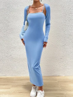 Women's Two Piece Dress Set Casual Dress Sheath Dress Outdoor Daily Fashion Streetwear Ribbed Midi Dress Square Neck Long Sleeve Plain Slim Black Blue Brown Fall Winter S M L XL