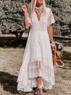 Women's Party Dress Swing Dress Midi Dress White Short Sleeve Pure Color Lace Summer Spring V Neck Elegant Outdoor Weekend 2023 S M L XL