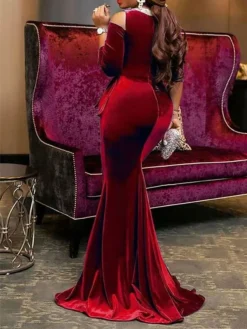 Women's Prom Dress Party Dress Velvet Dress Long Dress Maxi Dress Black Wine Blue 3/4 Length Sleeve Pure Color Ruffle Fall Winter Autumn Crew Neck Fashion Winter Dress Birthday Evening Party 2023 S M -Party Prom Dresses Sales Store lgibne1693897491717