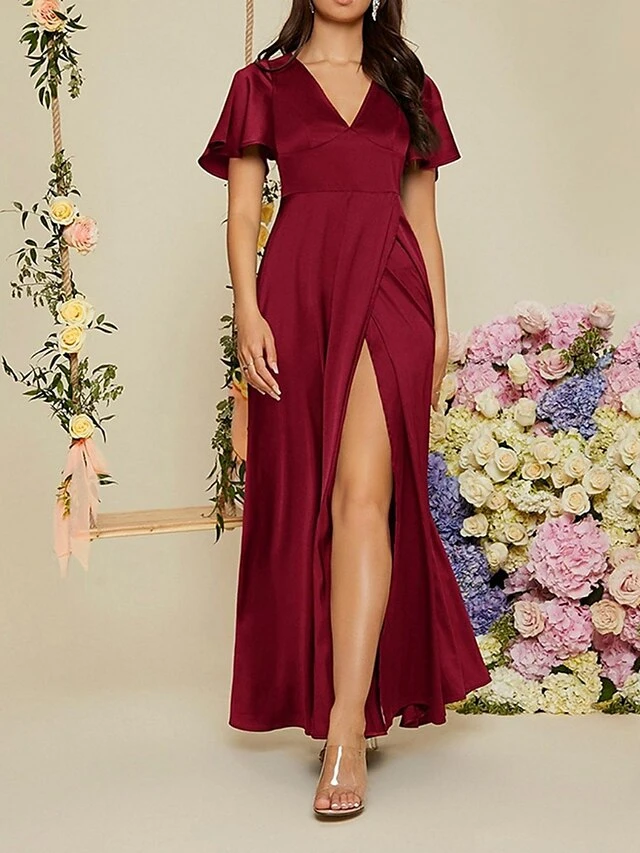 Women's Party Dress Satin Dress Wedding Guest Dress Long Dress Maxi Dress Red Short Sleeve Pure Color Ruched Summer Spring V Neck Party Evening Party Wedding Guest Vacation 2023 S M L XL 2XL 1 Women's Party Dress Satin Dress Wedding Guest Dress Long Dress Maxi Dress Red Short Sleeve Pure Color Ruched Summer Spring V Neck Party Evening Party Wedding Guest Vacation 2023 S M L XL 2XL