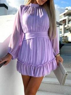 Women's Work Dress Sheath Dress Chiffon Dress Fashion Winter Dress Office Daily Mini Dress Ruched Crew Neck Long Sleeve Stripe Plain Regular Fit Black White Purple Fall Winter S M L XL -Party Prom Dresses Sales Store lhrtgz1695096218589