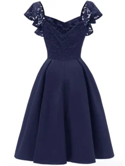 Women‘s Party Dress Wedding Guest Dress Lace Dress Swing Dress Midi Dress Wine Navy Blue Short Sleeve Pure Color Lace Spring Summer V Neck Party Party Spring Dress 2022 S M L XL XXL -Party Prom Dresses Sales Store libjpu1631505764072