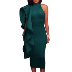 Women‘s Cocktail Party Dress Wedding Guest Dress Sheath Dress Midi Dress Green Black Blue Sleeveless Pure Color Ruffle Fall Spring Autumn Turtleneck S M L XL XXL -Party Prom Dresses Sales Store libxsi1653471594090