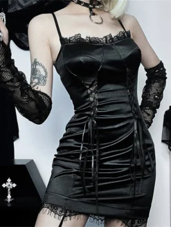 Women's Party Dress Cocktail Dress Bodycon Mini Dress Black Sleeveless Pure Color Lace Up Spring Fall Winter Spaghetti Strap Fashion Halloween Birthday Wedding Guest 2023 S M L -Party Prom Dresses Sales Store lidujn1693886969800