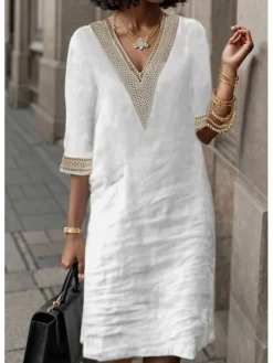 Women's Cotton Linen Dress Casual Dress Shift Dress Midi Dress Cotton And Linen Fashion Modern Outdoor Daily Vacation V Neck Patchwork Half Sleeve Summer Spring 2023 Regular Fit Gray Plain 3XL