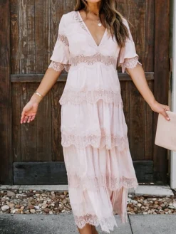Women's Party Dress Lace Dress White Dress Midi Dress Black Pink White Half Sleeve Pure Color Lace Spring Summer V Neck S M L XL XXL -Party Prom Dresses Sales Store lirfrf1630555189788