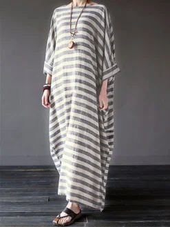 Women's Cotton Linen Dress Casual Dress Maxi Long Dress Linen Cotton Blend Casual Outdoor Daily Crew Neck Print Long Sleeve Summer Spring Fall 2023 Loose Fit Black Gray Striped S M L XL 2XL -Party Prom Dresses Sales Store ljebgk1672828235836