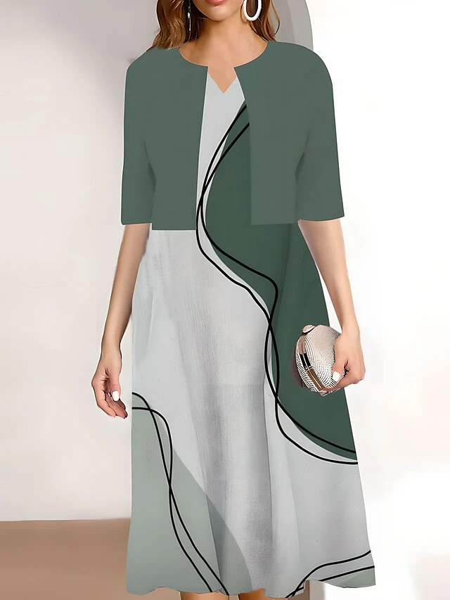 Women's Two Piece Dress Set Casual Dress Print Dress Outdoor Daily Fashion Elegant Print Midi Dress V Neck Half Sleeve Geometric Color Block Regular Fit Black Pink Blue Summer Spring S M L XL XXL 2 Women's Two Piece Dress Set Casual Dress Print Dress Outdoor Daily Fashion Elegant Print Midi Dress V Neck Half Sleeve Geometric Color Block Regular Fit Black Pink Blue Summer Spring S M L XL XXL - Image 2