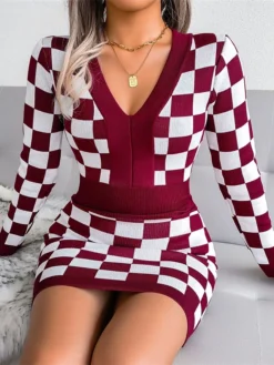 Women's Sweater Dress Jumper Dress Casual Dress Mini Dress Fashion Plaid Outdoor Daily Vacation Going Out V Neck Long Sleeve 2023 Loose Fit Black Yellow Wine One Size