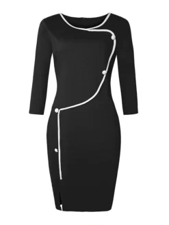 Women's Work Dress Sheath Dress Fashion Midi Dress Button Crew Neck 3/4 Length Sleeve Plain Slim Black Blue Summer Spring S M L XL XXL -Party Prom Dresses Sales Store lkwzut1684322608716