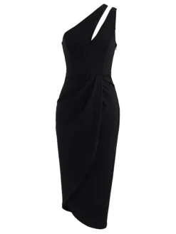 Women's Prom Party Dress Sheath Dress Knee Length Dress Black Red Wine Green Sleeveless Pure Color Ruched Spring Summer One Shoulder Stylish Party Wedding Guest 2023 S M L XL -Party Prom Dresses Sales Store llbotr1673856480898