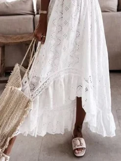 Women's Long Dress Maxi Dress Party Dress Casual Dress Lace Dress Plain Modern Casual Outdoor Daily Holiday Lace Ruched Short Sleeve Off Shoulder Dress Loose Fit White Summer Spring S M L XL XXL -Party Prom Dresses Sales Store lleviq1676863487287