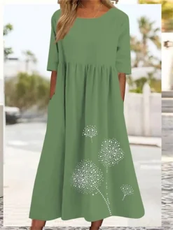 Women's Casual Dress Cotton Linen Dress Swing Dress Midi Dress Cotton Blend Basic Casual Outdoor Daily Vacation Crew Neck Ruched Pocket Half Sleeve Summer Spring Fall 2023 Loose Fit ArmyGreen Black -Party Prom Dresses Sales Store llrnsm1678263981544