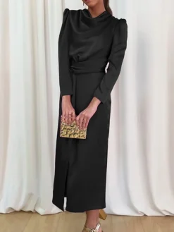 Women's Work Dress Satin Dress Semi Formal Dress Fashion Long Dress Maxi Dress Split Stand Collar Long Sleeve Plain Regular Fit Black Blue Sky Blue Fall Winter S M L XL -Party Prom Dresses Sales Store llxgjr1692761653709