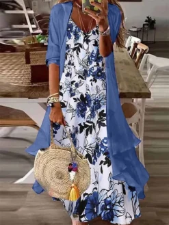 Women's Two Piece Dress Set Casual Dress Print Dress Outdoor Daily Fashion Casual Print Maxi Dress V Neck Half Sleeve Leaf Floral Regular Fit Blue Purple Summer Spring S M L XL XXL