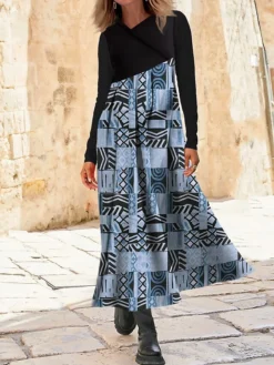 Women's Work Dress Casual Dress Swing Dress Fashion Winter Dress Daily Long Dress Maxi Dress Button Print V Neck Long Sleeve Color Block Tribal Regular Fit Royal Blue Blue Green Fall Winter S M L XL -Party Prom Dresses Sales Store lmuwah1695350911377