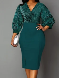 Women‘s Christmas Party Dress Cocktail Dress Sequin Dress Midi Dress Wine Blue Green Long Sleeve Pure Color Split Fall Winter Autumn V Neck Fashion Winter Dress Vacation Fall Dress 2023 S M L XL XXL