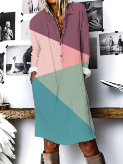 Women's Shirt Dress Casual Dress Cotton Linen Dress Midi Dress Polyester Fashion Casual Daily Outdoor Daily Vacation Shirt Collar Button Print 3/4 Length Sleeve Fall Winter Autumn 2023 Loose Fit Pink -Party Prom Dresses Sales Store lomicc1694690882156